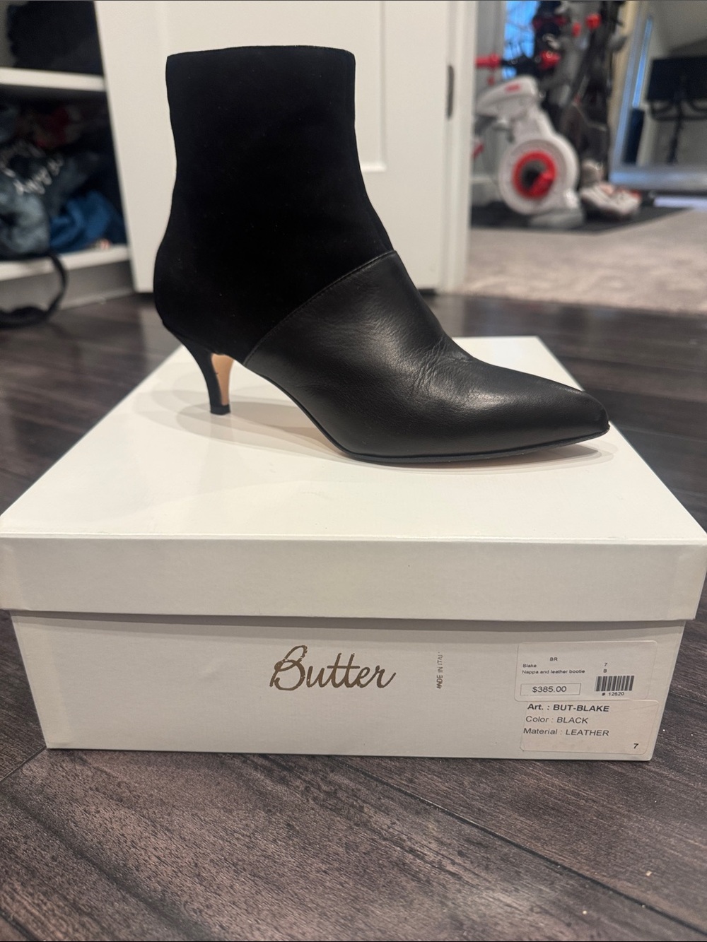 Butter Blake  Black Leather & Suede Pointed Kitten Heel Ankle Boot